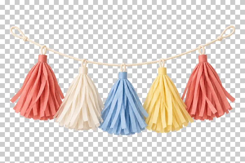 Five-tassel paper garland in coordinated pastel paper, shown as a realistic cutout with a transparent background.