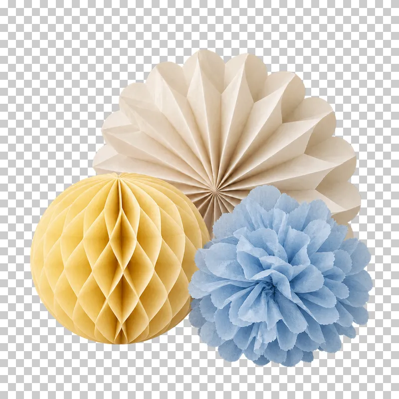 Low honeycomb, fan and tissue-pom-pom grouping in coordinated pastel paper, shown as a realistic cutout with a transparent background.