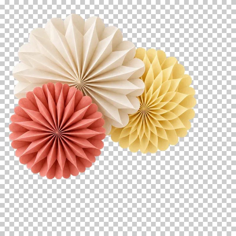 Layered fan upper-left corner in coordinated pastel paper, shown as a realistic cutout with a transparent background.