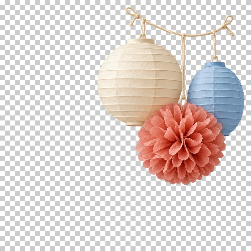 Hanging lantern and pom-pom upper-right corner in coordinated pastel paper, shown as a realistic cutout with a transparent background.