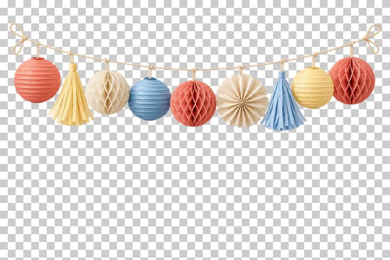 Spaced hanging paper-decoration header in coordinated pastel paper, shown as a realistic cutout with a transparent background.