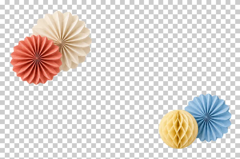 Opposed fan and honeycomb corner pair in coordinated pastel paper, shown as a realistic cutout with a transparent background.