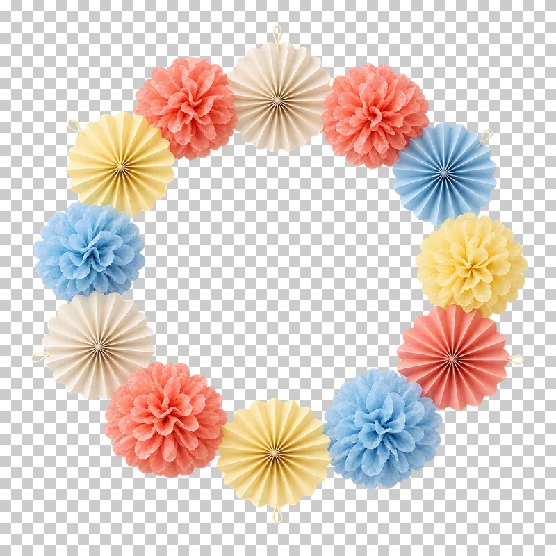 Open circular paper-party wreath in coordinated pastel paper, shown as a realistic cutout with a transparent background.