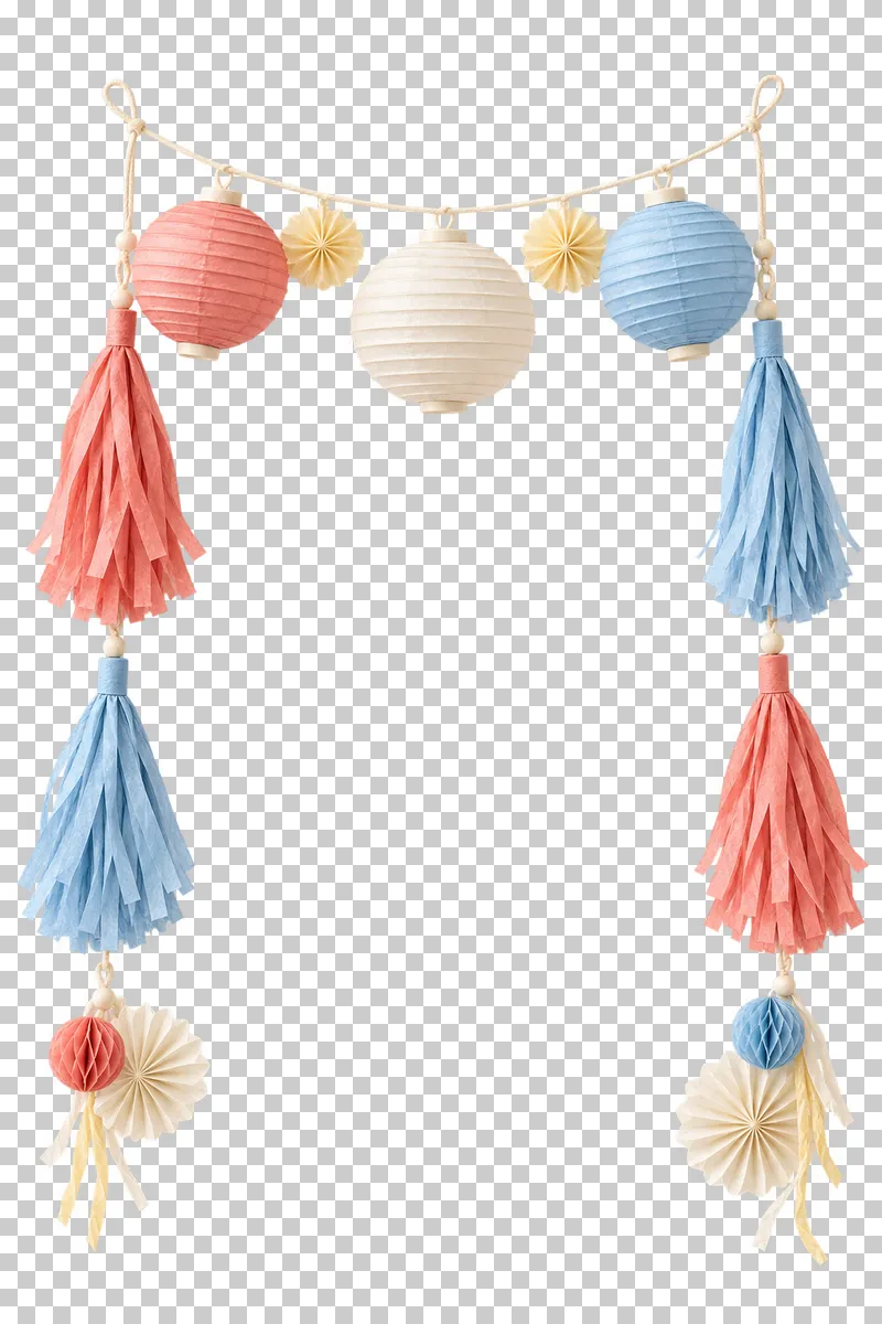 Portrait lantern-and-tassel invitation frame in coordinated pastel paper, shown as a realistic cutout with a transparent background.