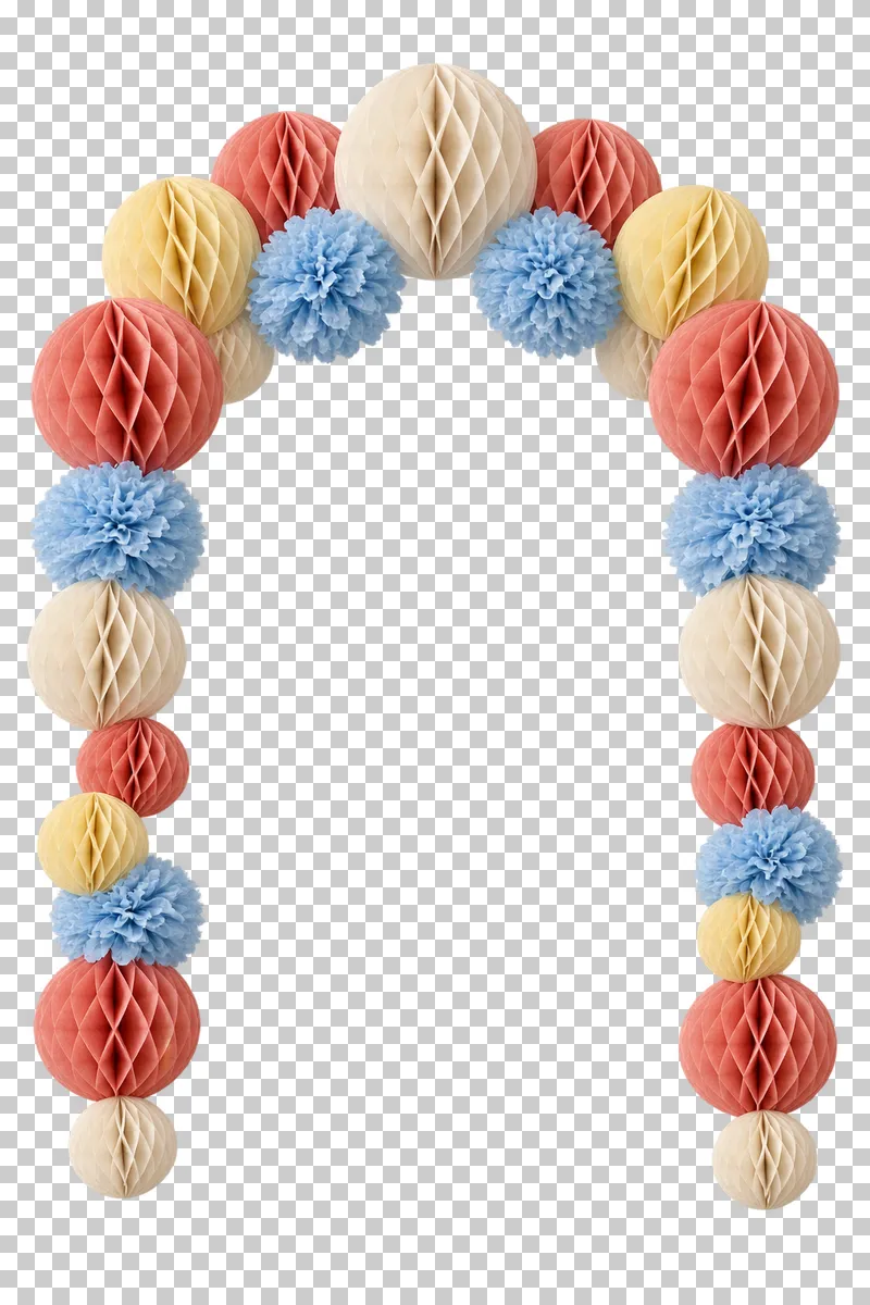 Honeycomb and tissue open-bottom arch in coordinated pastel paper, shown as a realistic cutout with a transparent background.