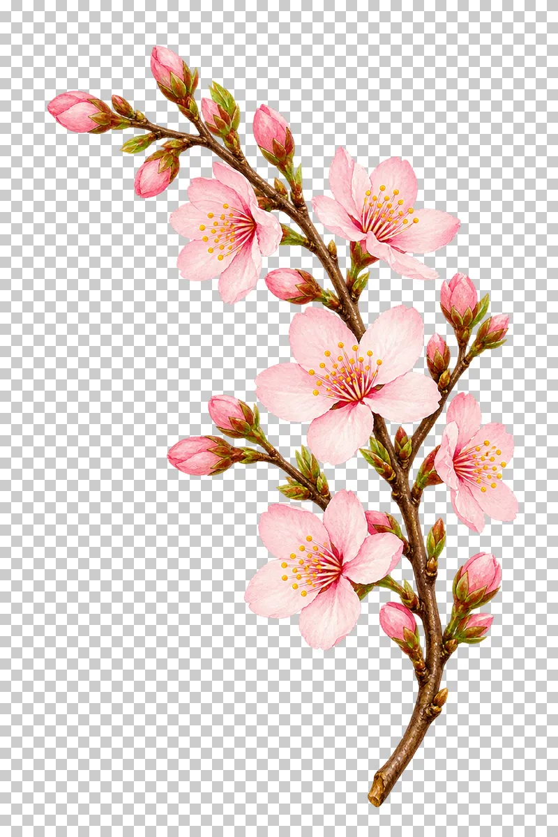 An arching woody cherry twig with pale pink blossoms and darker pink buds.