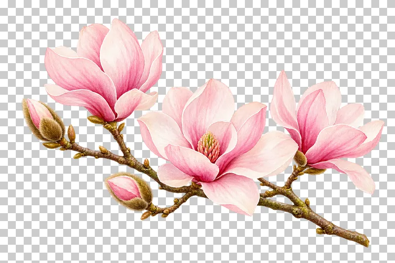 A spreading saucer-magnolia branch with three pale pink flowers and fuzzy buds.