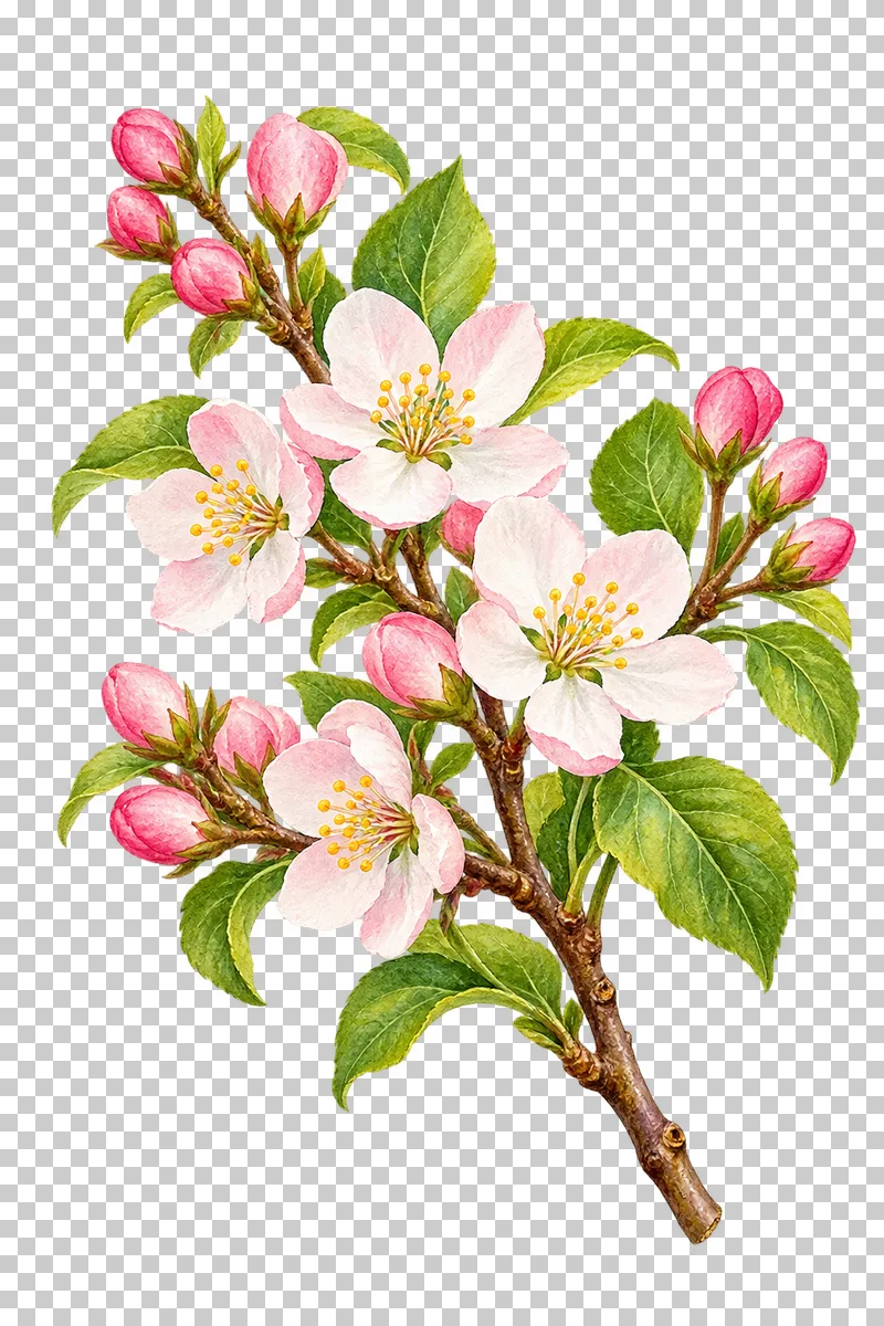 An apple-blossom branch with ivory-pink flowers, pink buds and green leaves.