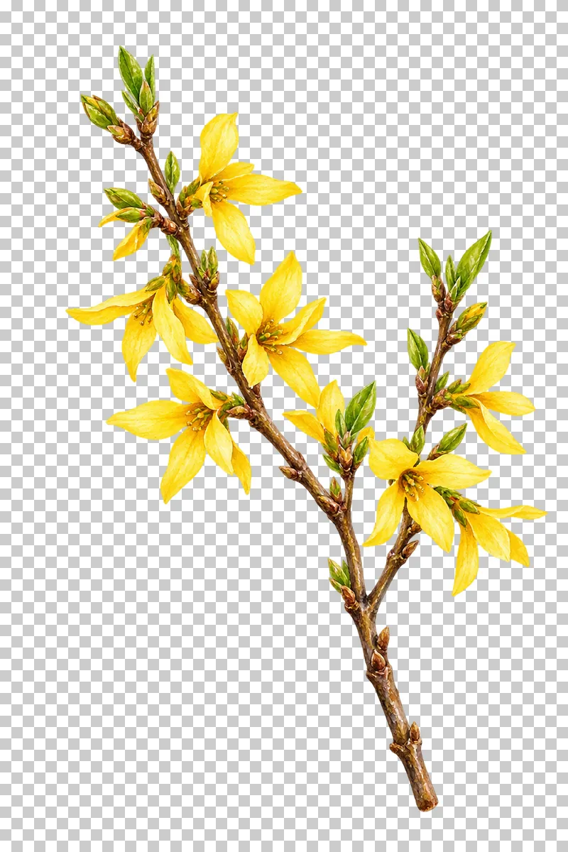 A forked brown forsythia twig with yellow flowers and emerging leaves.