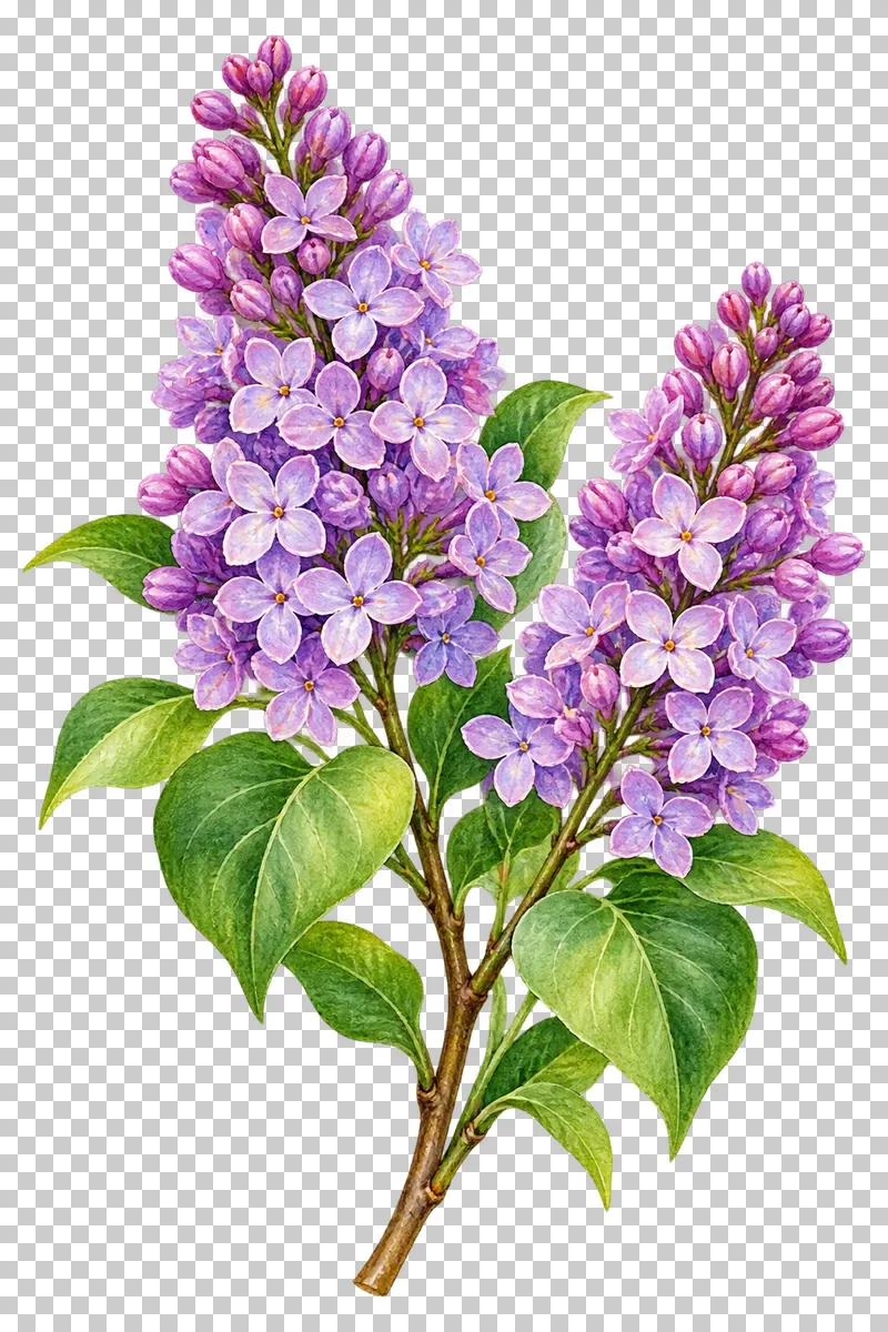 Two lilac-purple flower panicles on a leafy woody spray.
