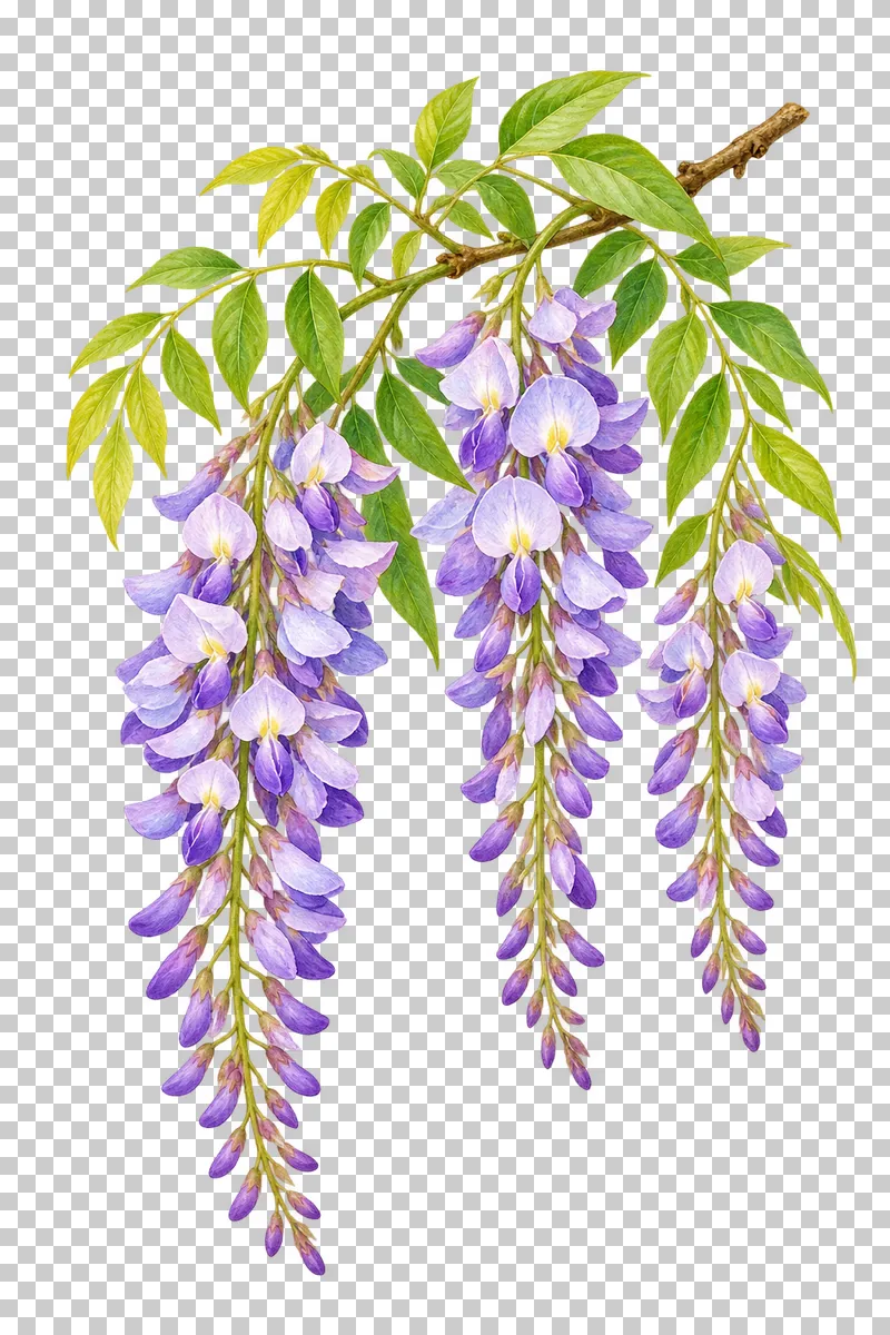 Three hanging lavender wisteria racemes below a leafy arching branch.