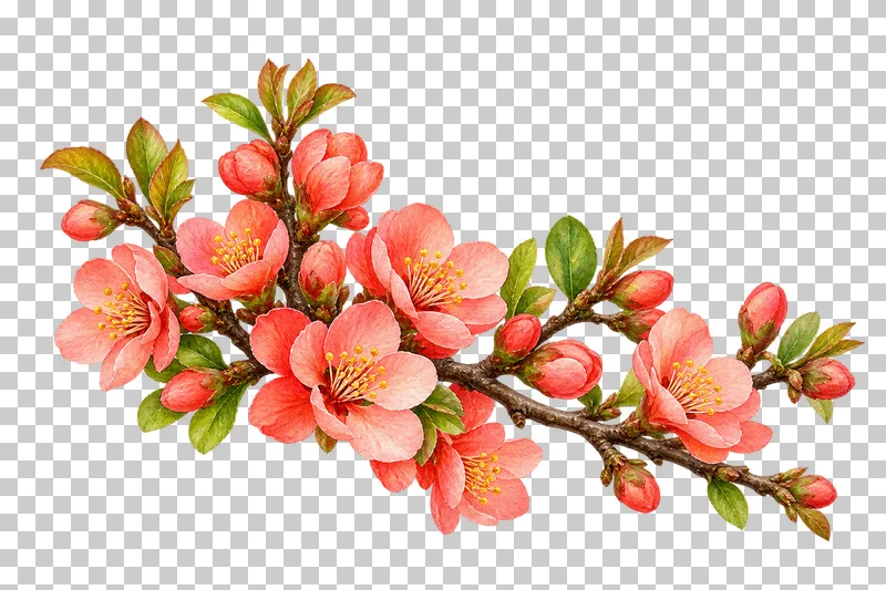 A spreading flowering-quince twig with coral-pink flowers and small green leaves.