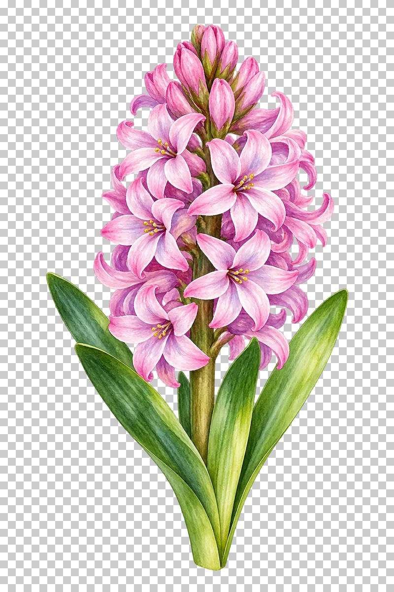 A pink-lilac common hyacinth spike with open florets and broad basal leaves.