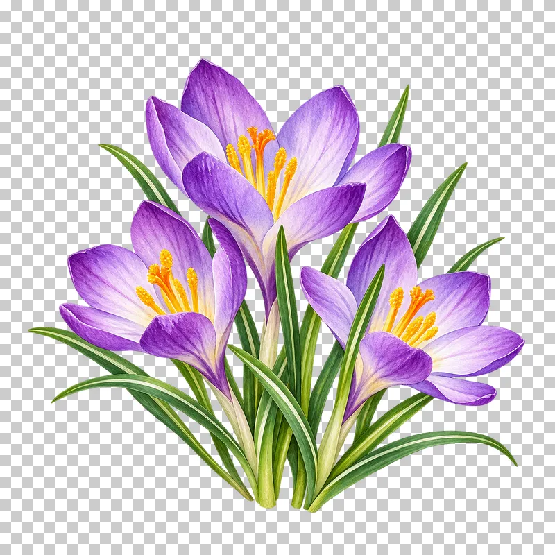 Three purple crocuses with golden centers and narrow green leaves.