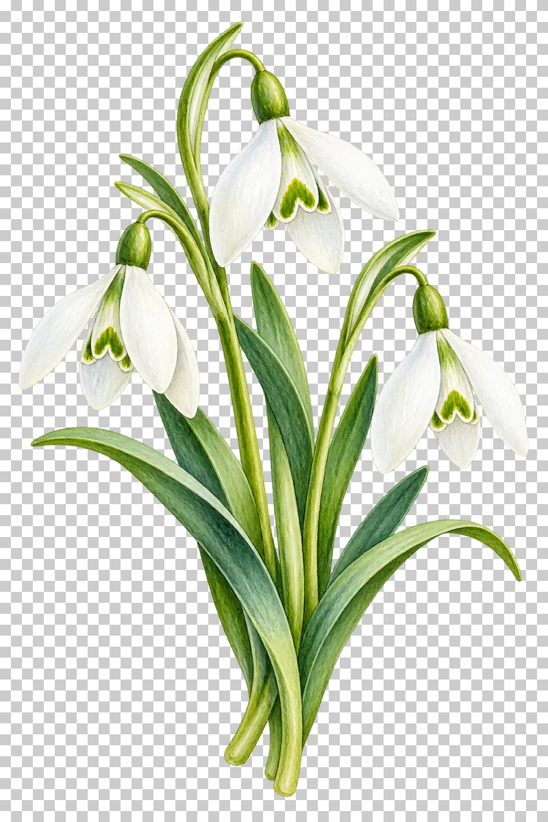 Three nodding white snowdrops with green inner markings and arching stems.
