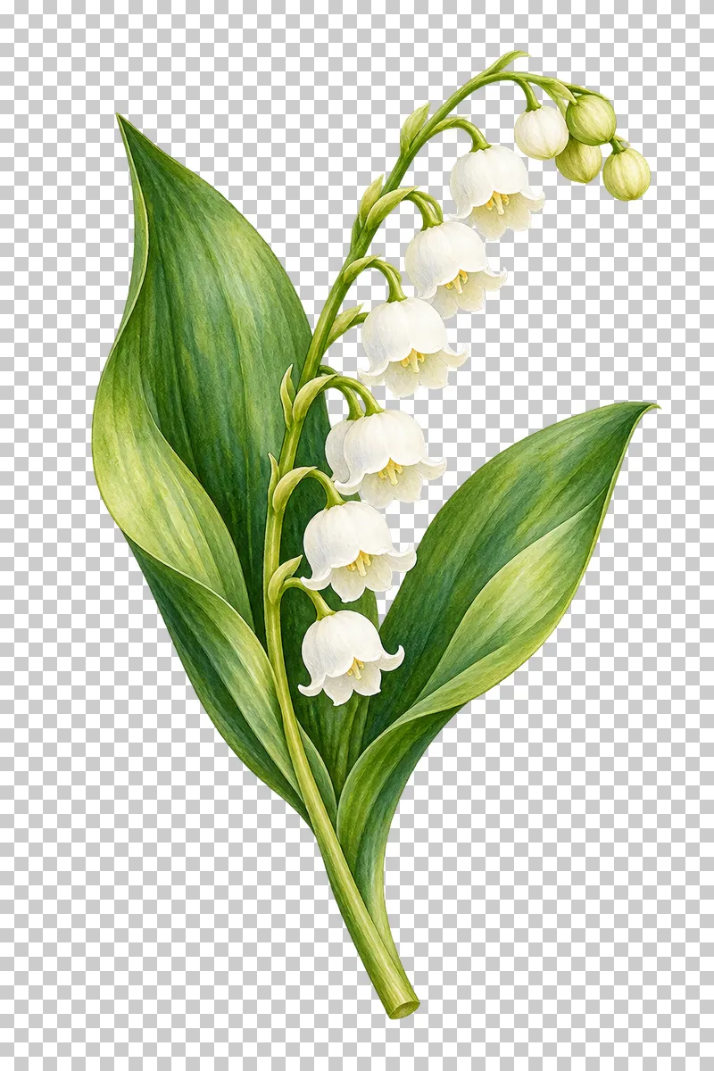 An arched lily-of-the-valley stem with small white bells and two broad leaves.