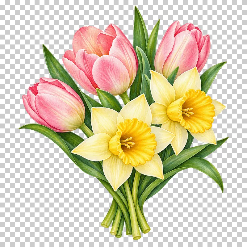 A compact posy of pink tulips and yellow daffodils with gathered green stems.
