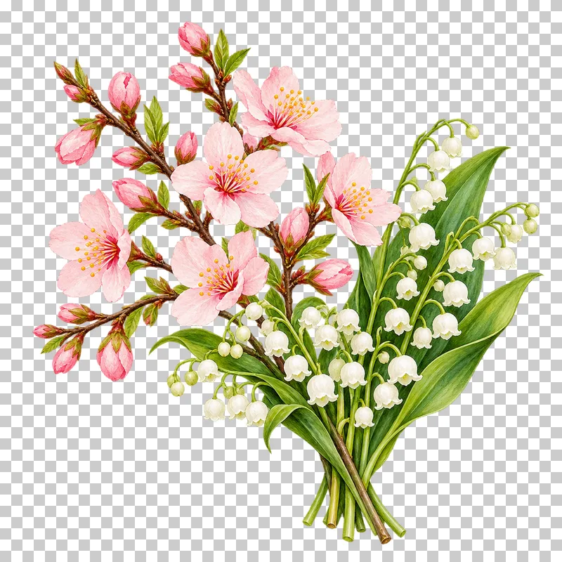 An airy bouquet of pink cherry blossom and white lily of the valley.