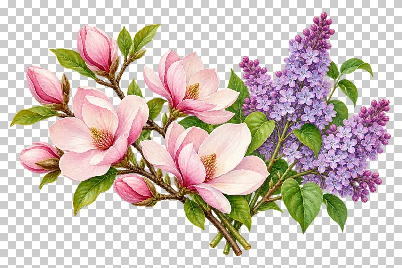 A broad fan of pink magnolia flowers and purple lilac sprays with visible stems.