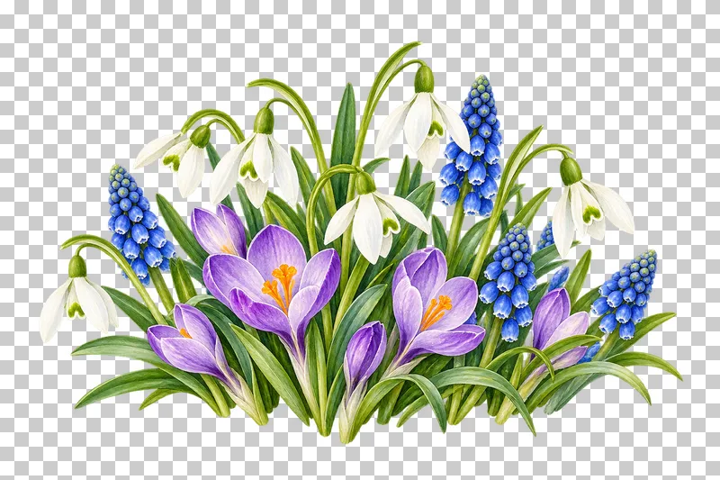 A low spring cluster of white snowdrops, purple crocuses and blue grape hyacinths.
