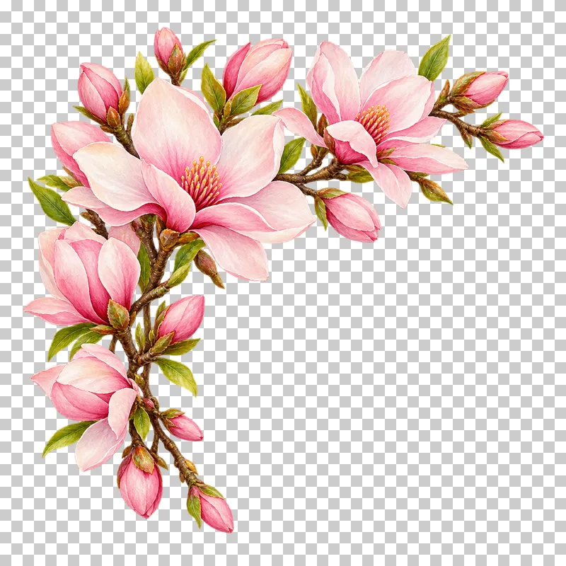 An upper-left corner of pink magnolia flowers and branching woody twigs.