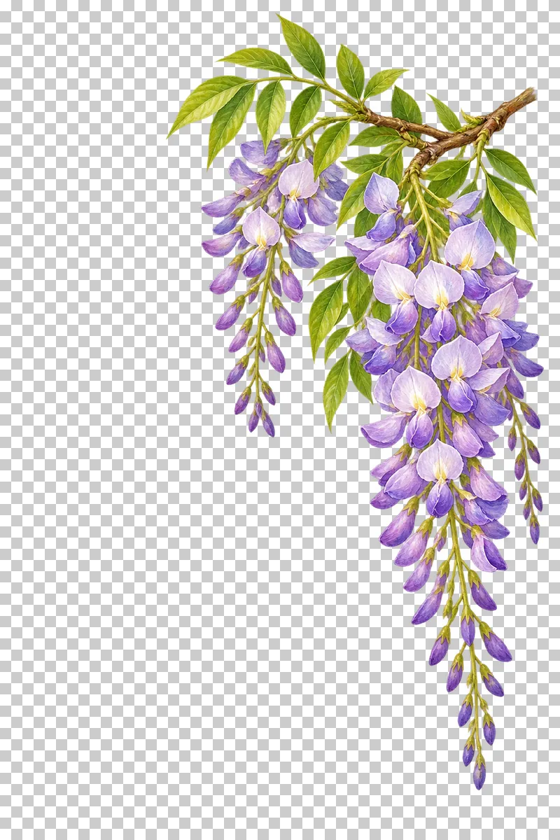 A leafy upper-right wisteria branch with long descending lavender racemes.