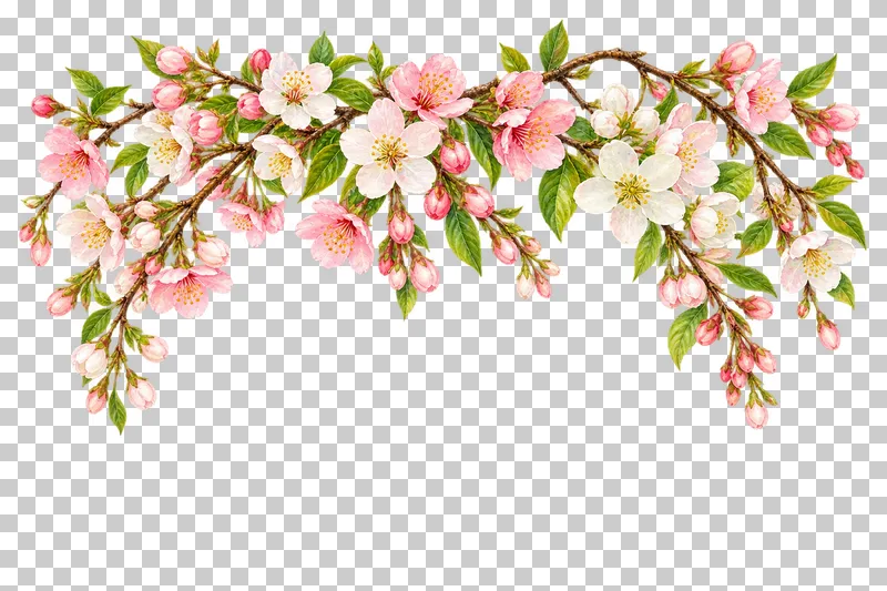 A hanging canopy of pink and ivory cherry and apple blossoms on fine branches.