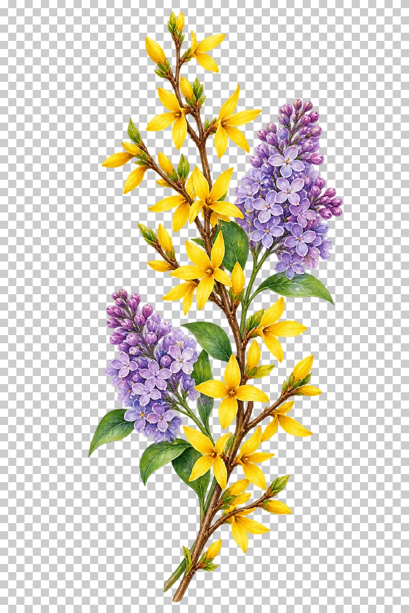 A slender upright accent of yellow forsythia and purple lilac flowers.
