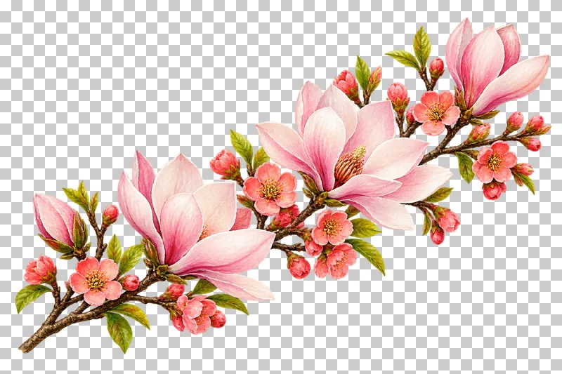A diagonal branch sweep with pale pink magnolia and coral quince flowers.