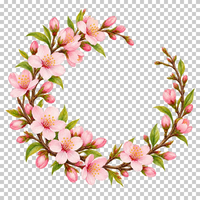 An open circular cherry-blossom wreath with an upper-right break and empty center.
