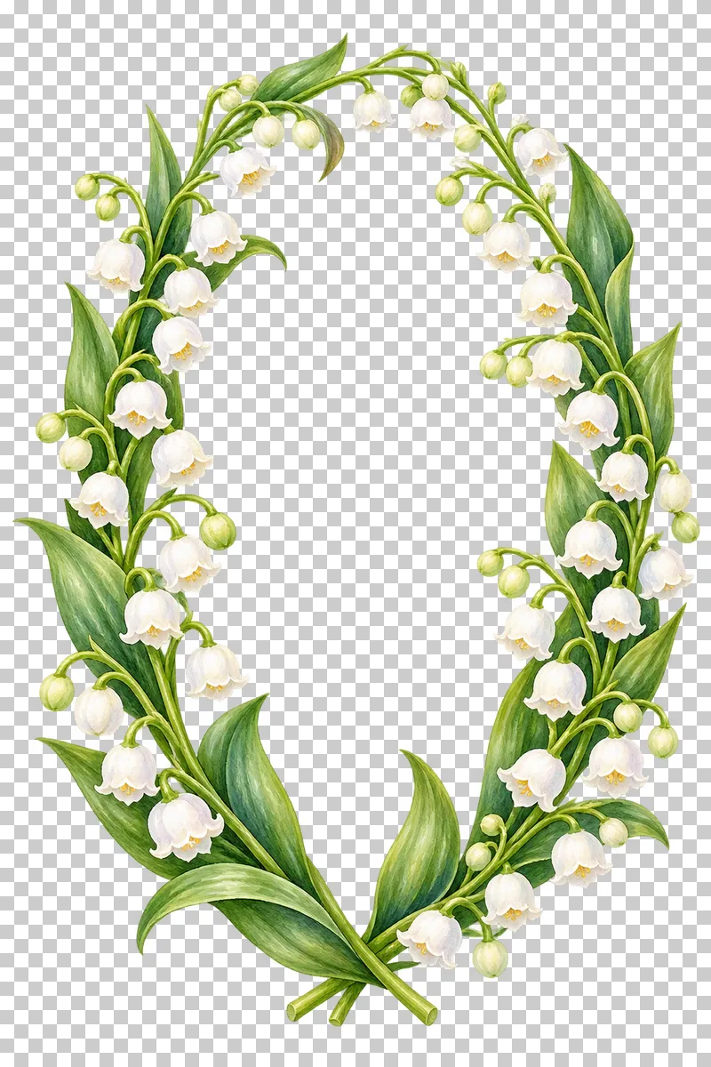 A tall oval wreath of white lily-of-the-valley bells and green leaves.