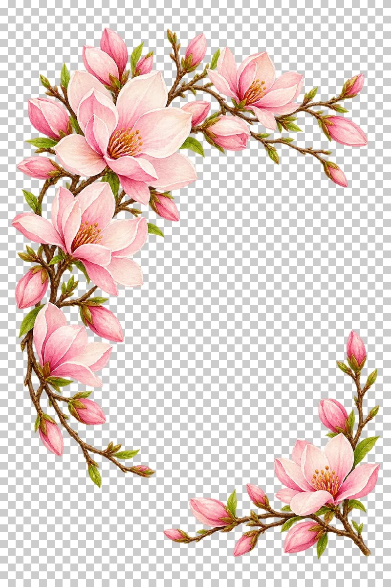 An asymmetric portrait magnolia frame with large upper-left flowers and a small lower-right spray.