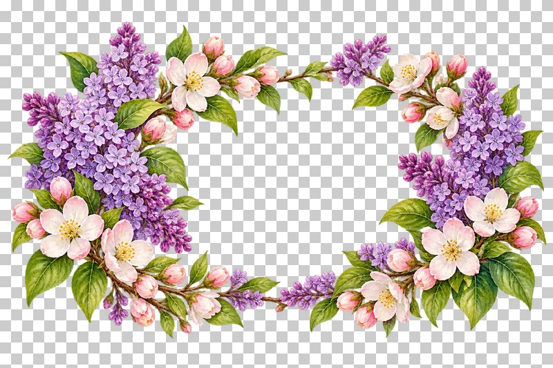 A wide message frame of purple lilac and ivory-pink apple blossoms with an empty center.