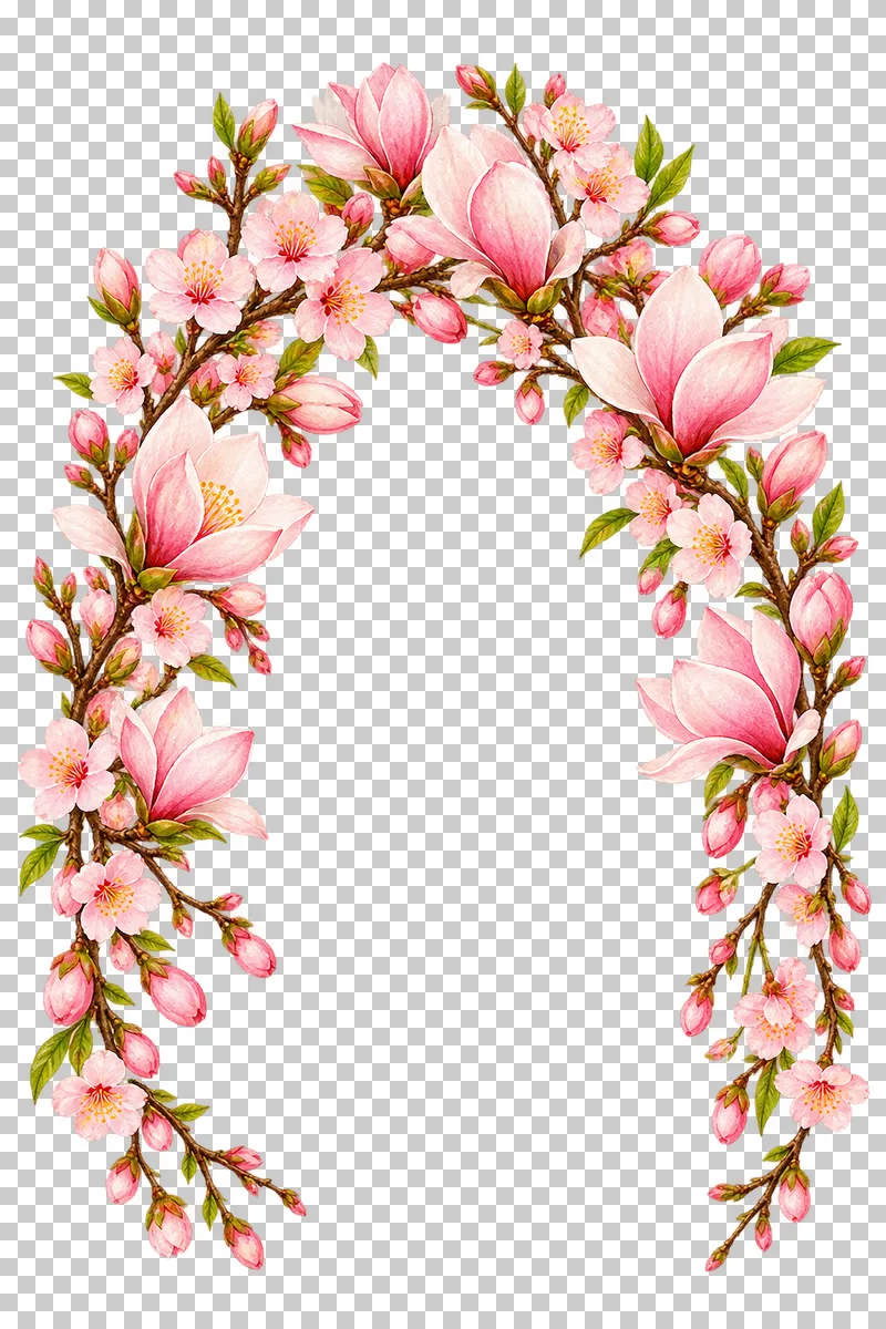 A rounded spring-blossom arch with magnolia flowers, cherry twigs and an open bottom.