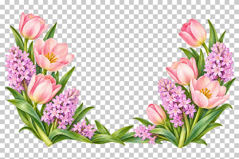 A low U-shaped surround of pink tulips and lilac hyacinths around an empty product area.