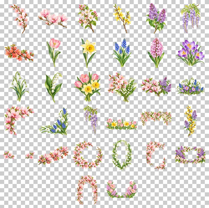 Spring Flowers and Blossom Branches Watercolor PNG Collection: all 32 elements in one grid