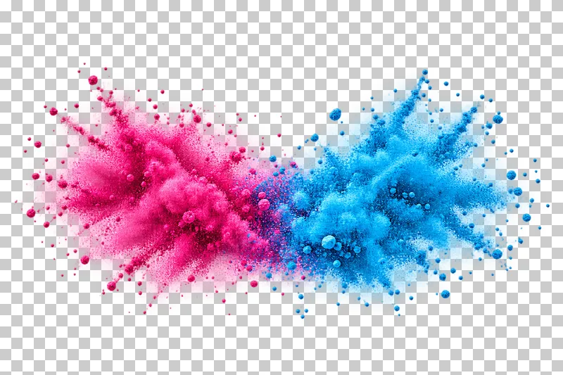 Dry matte color powder forming two-lobed colliding powder cloud.
