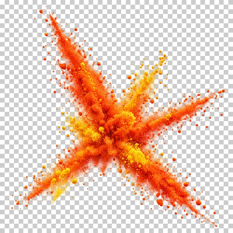 Dry matte color powder forming jagged multi-jet pigment burst.