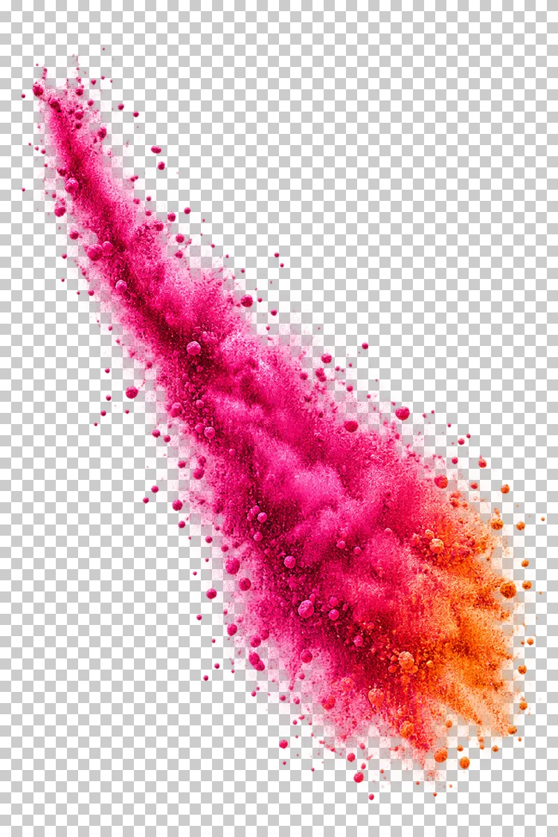 Dry matte color powder forming diagonal expanding powder curtain.