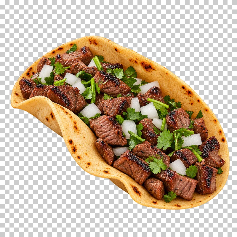 Soft corn taco with grilled carne asada steak, diced white onion and cilantro.
