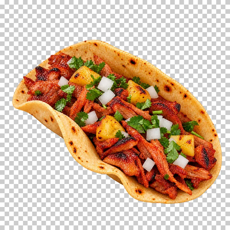 Soft al pastor pork taco with pineapple pieces, onion and cilantro.