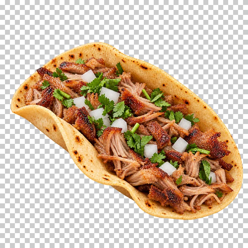 Soft corn taco filled with fibrous carnitas pork, onion and cilantro.