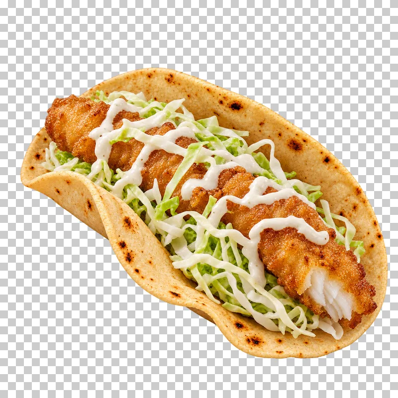 Soft Baja taco with battered white fish, shredded cabbage and crema.