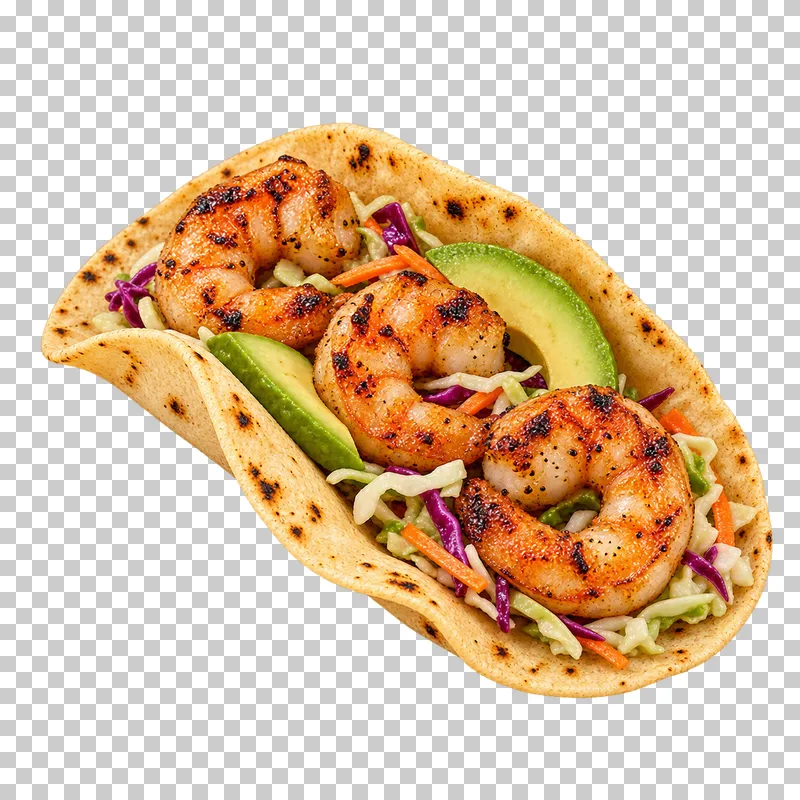Soft grilled shrimp taco with three curved shrimp, slaw and avocado.