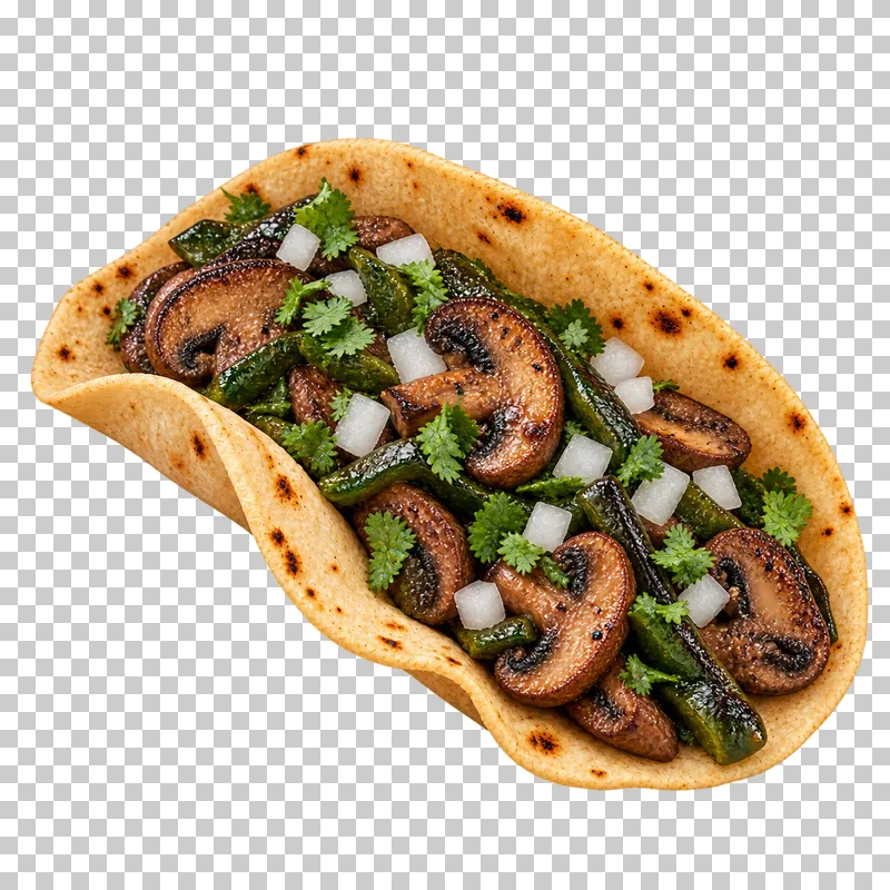 Soft corn taco with browned mushrooms, poblano strips, onion and cilantro.