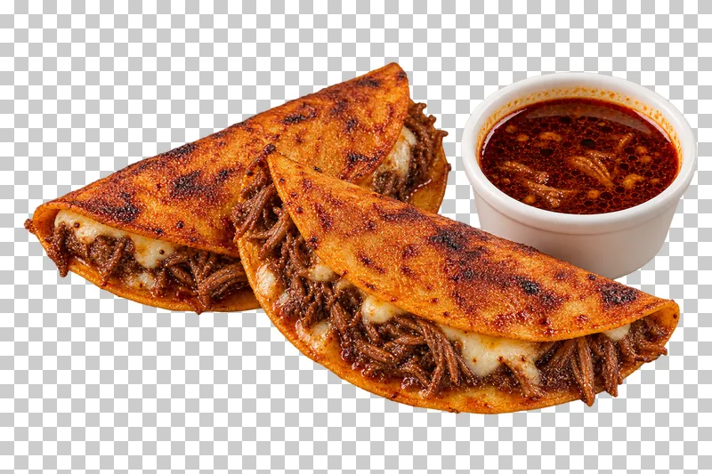 Two red griddled birria quesatacos with beef and cheese beside a white consomme cup.