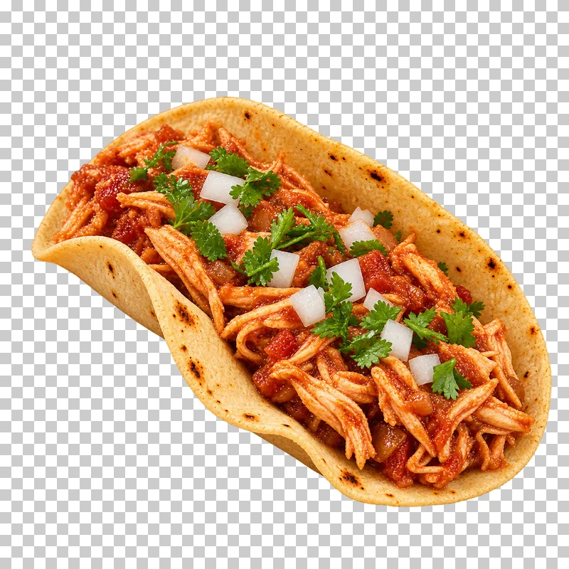 Soft corn taco filled with tomato-braised shredded chicken tinga, onion and cilantro.