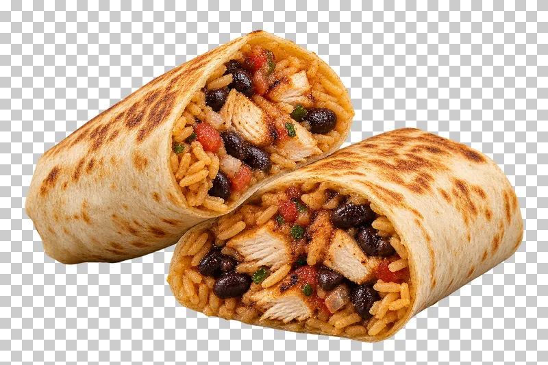 Two cut griddled chicken burrito halves with rice and black beans.