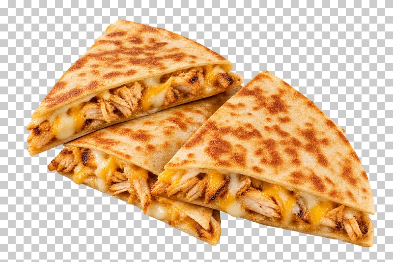 Three overlapping griddled chicken and cheese quesadilla wedges.