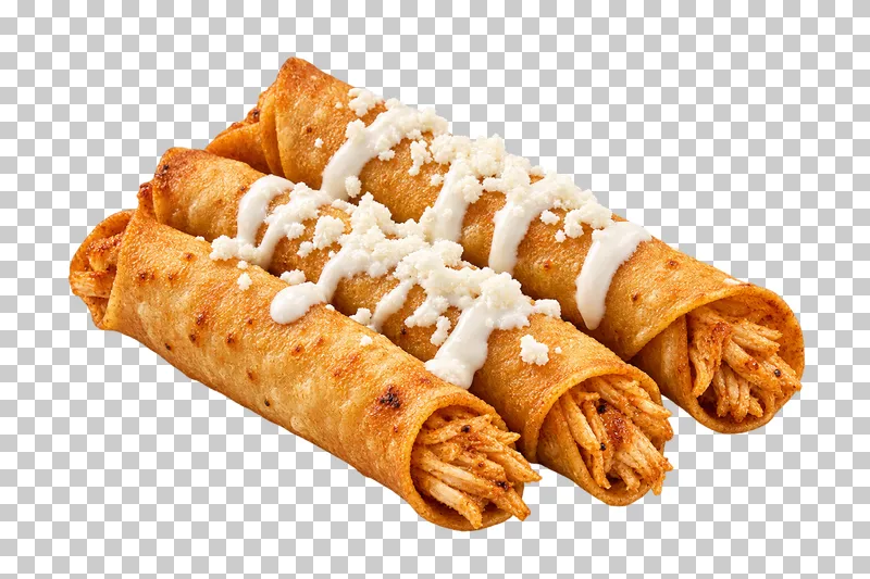 Three crispy rolled chicken taquitos with restrained crema and white cheese.